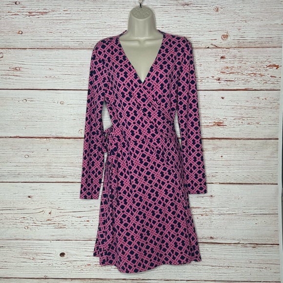 Vineyard Vines Long Sleeve Lattice Knit Print Wrap Dress in Deep Bay Sz S - Picture 2 of 11